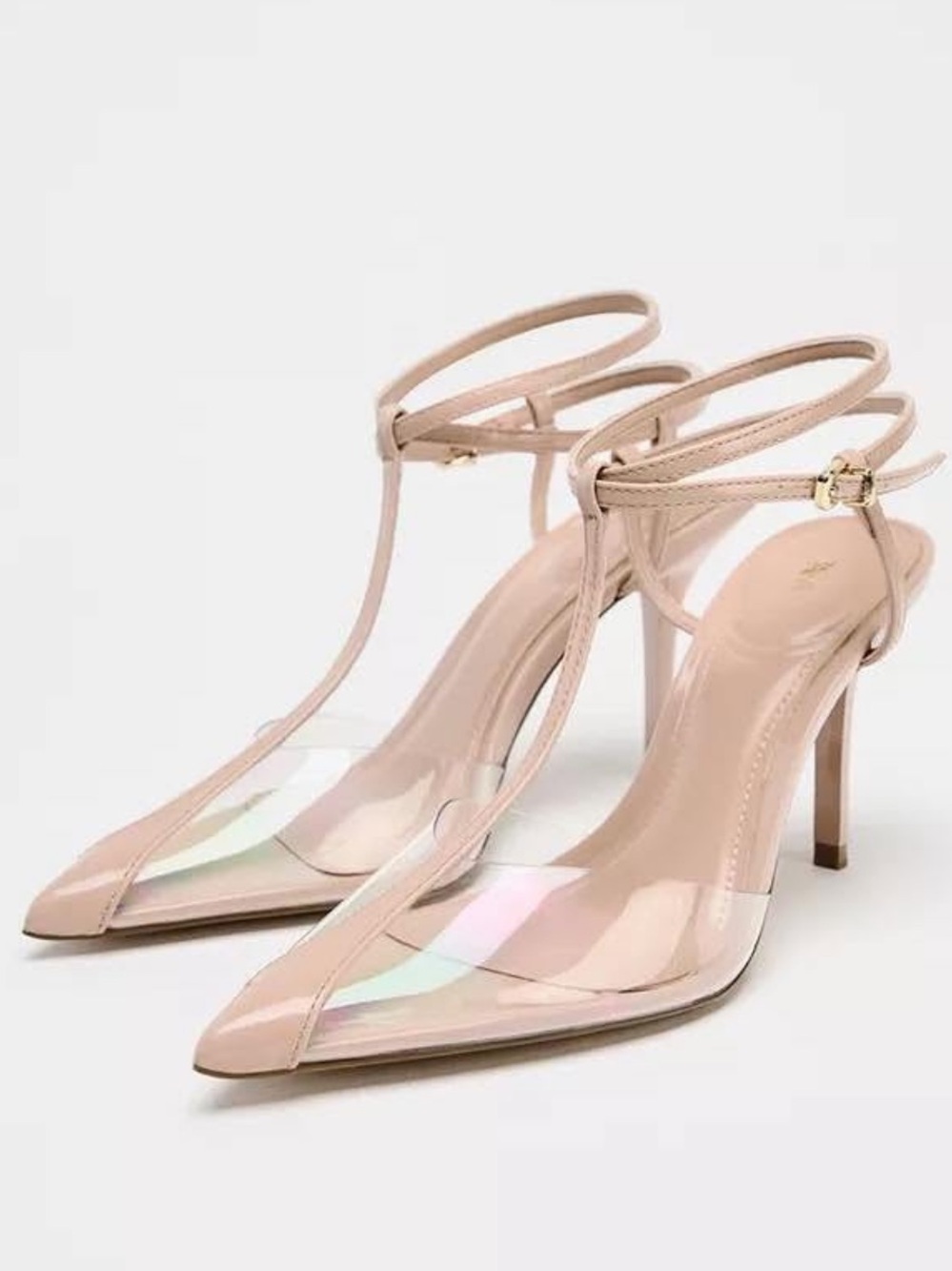 Zara T Strap Blush Nude Pointed Toe Ankle-Strap Heels with Clear Vamp Size 39 - Picture 7 of 11